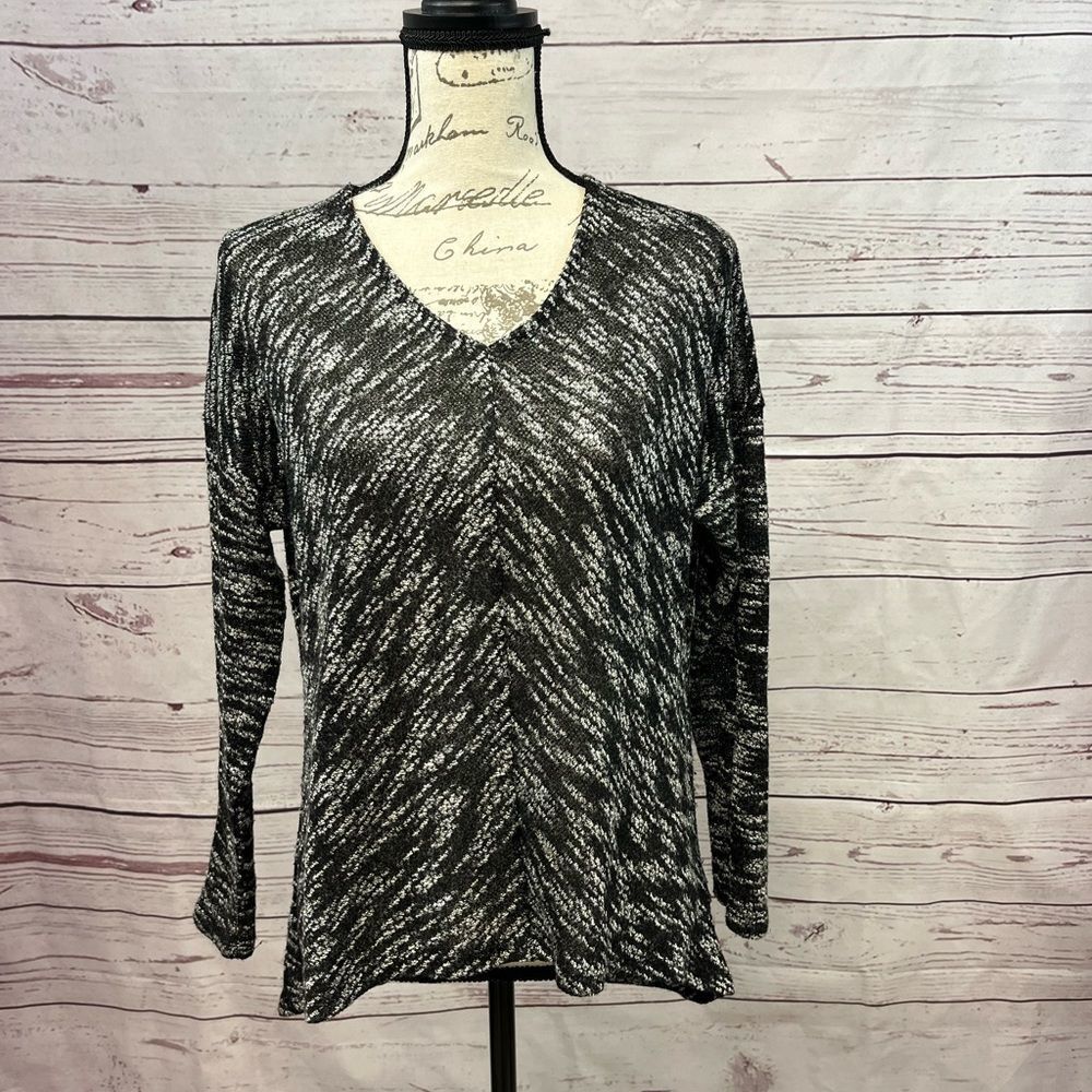 Bar III Womens Black White Space Dye V-Neck Marled Knit Sweater Top Large - Picture 1 of 3